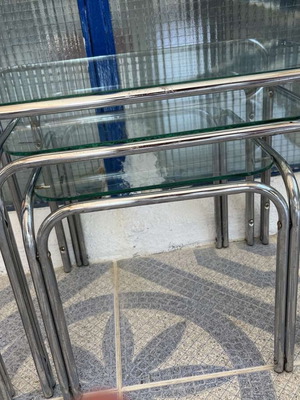 Set of 3 glass and metal coffee tables