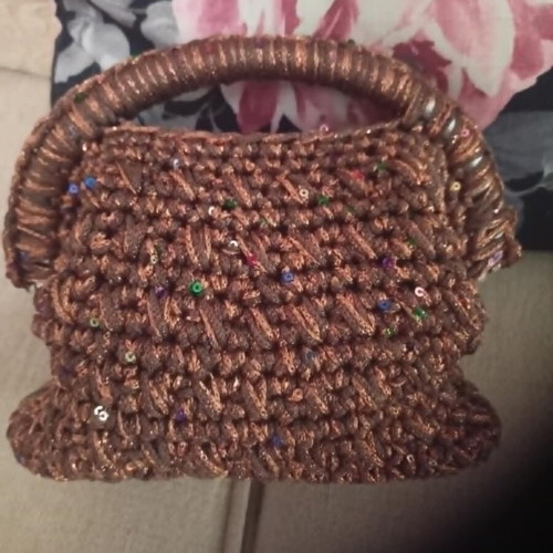 Handmade knitted handbag with clutch 20 cm, new, brown and gold with sequins