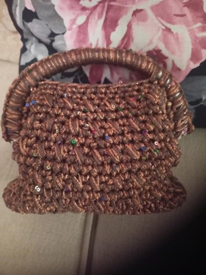 Handmade knitted handbag with clutch 20 cm, new, brown and gold with sequins