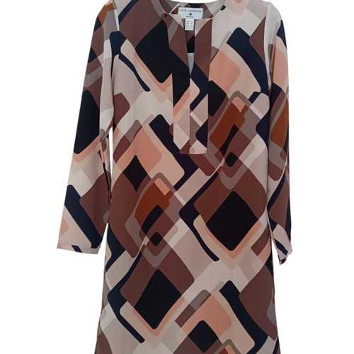 Spring dress new with modern geometric print in beige, pink, and brown