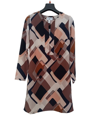 Spring dress new with modern geometric print in beige, pink, and brown