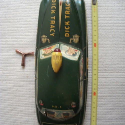 Dick Tracy Police Car tin toy used, wind-up, 1950s
