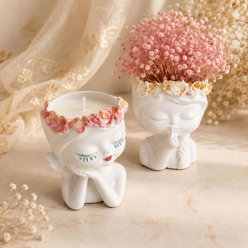 Figurines of Girls with Candle and Flowers, New, Set of 2