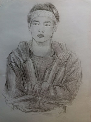 Kpop drawings like new, set of 3 pencil portraits of Taehyung and Kihyun