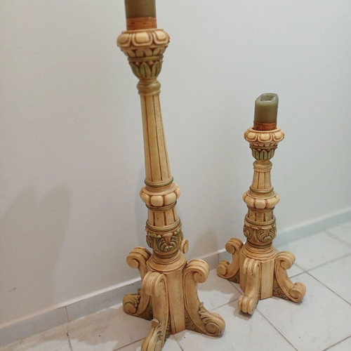 Candle holder set used, two floor-standing, heights 90cm and 62cm