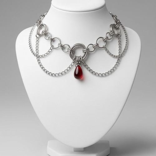 Choker with Red Tear Pendant and Stainless Steel Chains new