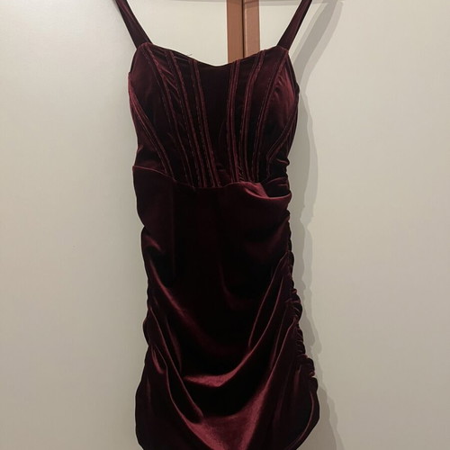 Mini velvet dress with ruching in deep burgundy, brand new