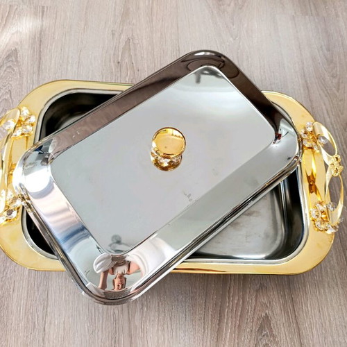 Rectangular stainless steel serving platter with Swarovski like new