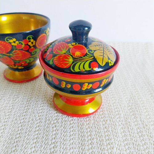 Vintage Russian Khokhloma wooden set like new, bowl and lidded box
