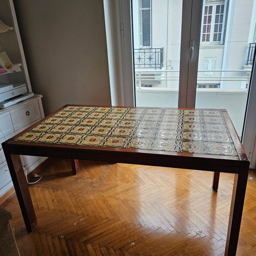 Luxury dining table like new, handmade mahogany with embossed enamel tiles