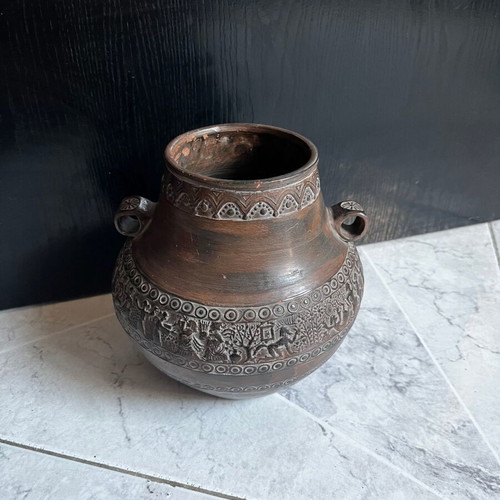 Decorative clay vase with embossed design, 20 cm, Greek made