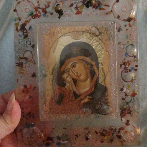 Handmade Virgin Mary Icon in Modern Epoxy Resin Frame, like new