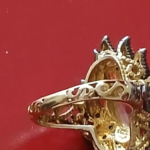Ring with semiprecious stones, 9K gold, 925 silver and old cut diamonds, 17 mm