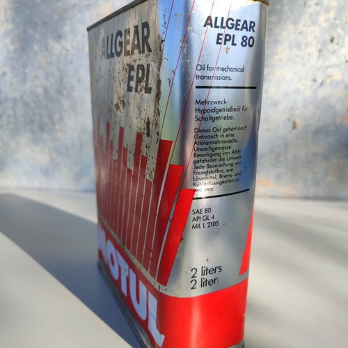 Motul tin oil can used, 80s 90s, with marks and rust