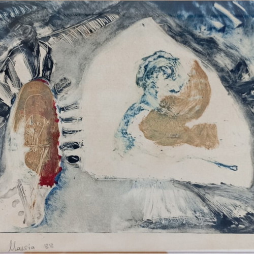 Early artwork by Neveli Massia, lithograph, framed