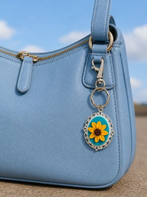 Sunflower bag accessory and key chain like new, handmade from polymer clay