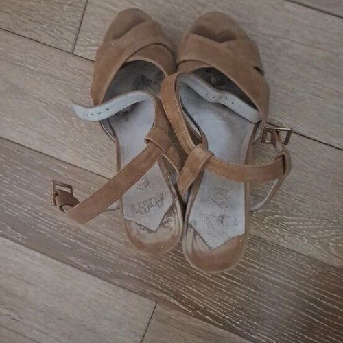 Minimal high-heeled sandals with ankle strap used, brown, size 39