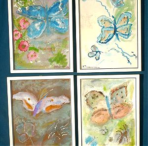 Τέσσερις αυθεντικοί πίνακες ζωγραφικής ελαιογραφίες νωπογραφίες πολύχρωμες πεταλούδες Lot 1/4.