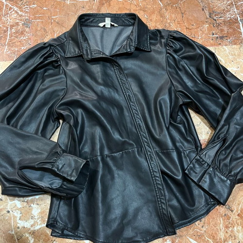 H&M leather blouse used, size M-L, black with wear