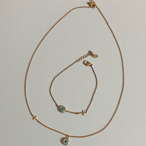 Necklace and bracelet set with cross and evil eye like new, blue and gold