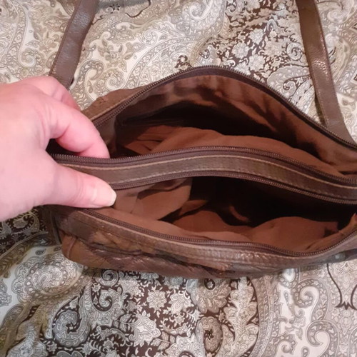 Leather shoulder bag used, beige and brown patchwork