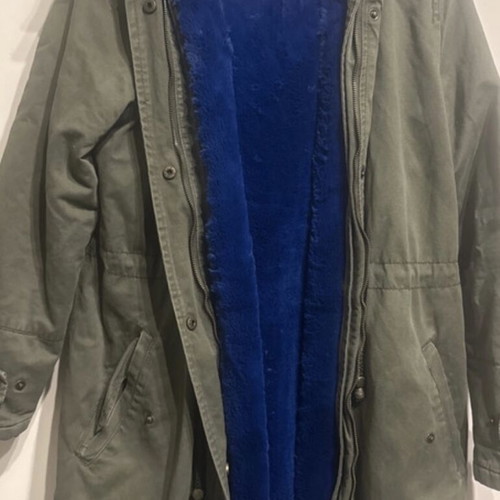Khaki jacket with blue inner fur lining and hood
