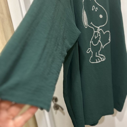 Maxi oversize blouse tunic with Snoopy print, dark green