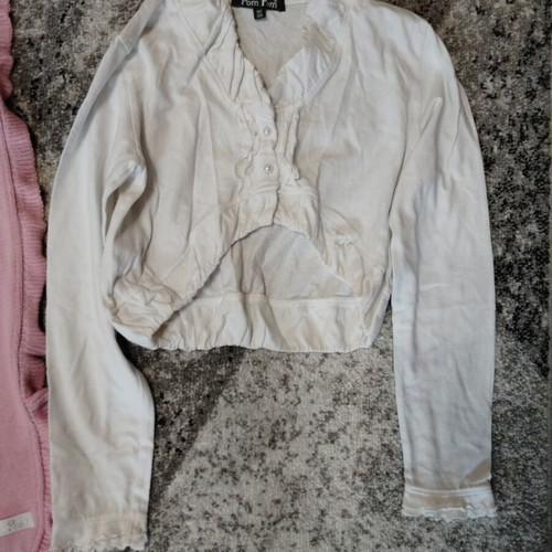 Pom Pom bolero, shirt scarf and hat like new, white and pink