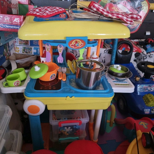 Children's play suitcases used, workbench and kitchen set