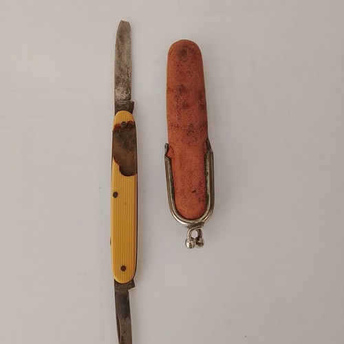 Vintage folding pocket knife with leather wallet case used