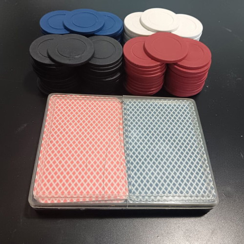 Poker chips set used, 100 chips and 2 decks