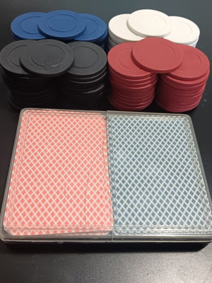 Poker chips set used, 100 chips and 2 decks