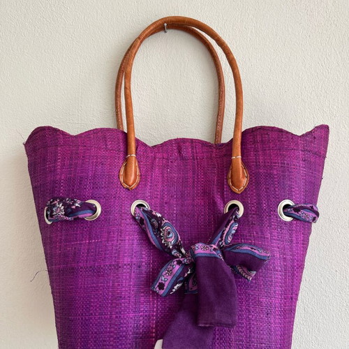Straw bag with scarf like new, purple, Bag-All