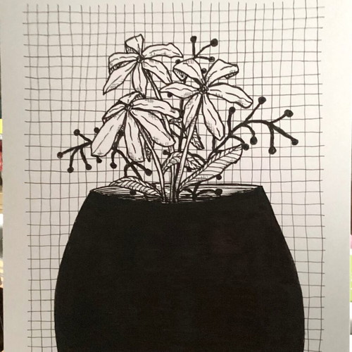 Flowers in vase sketch new, original handmade drawing