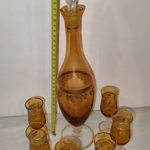 Liqueur set used, decanter with stopper and 6 glasses, antique 1930