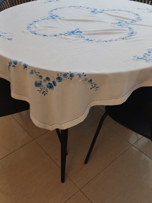 Handmade table linen set new, white linen with blue embroidery