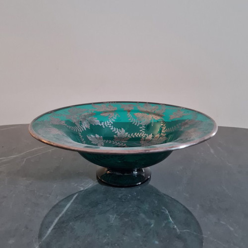 Bohemian glass bowl vintage 1950s emerald green with real silver