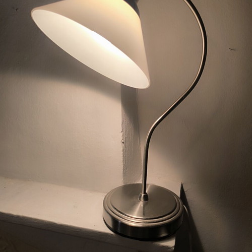 Modern table lamp with adjustable opal glass, inox frame