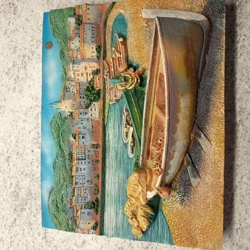 Relief wall decoration with fishing boat and seaside landscape, like new