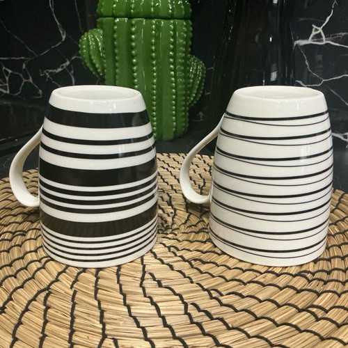 Set of 2 ceramic mugs black and white striped like new