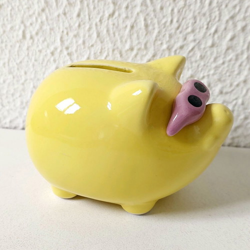 Vintage ceramic yellow piggy bank like new with glasses