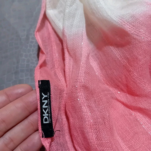 DKNY pashmina scarf new in pink with white and gold thread