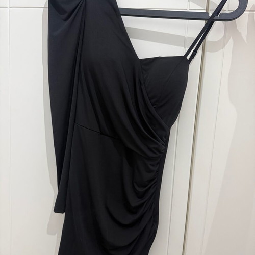 Black mini dress with one long sleeve like new