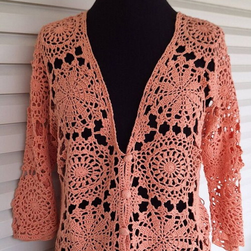 Crochet cardigan XL new, peach color with floral motifs