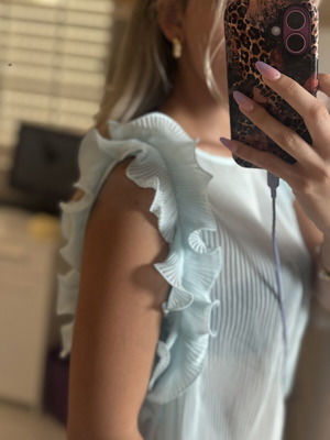 Zara πλισέ μπλούζα με βολάν XL, σαν καινούργιο, γαλάζιο-μέντα