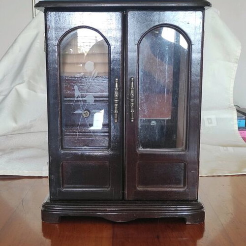 Jewelry cabinet used, wooden with wind-up music box