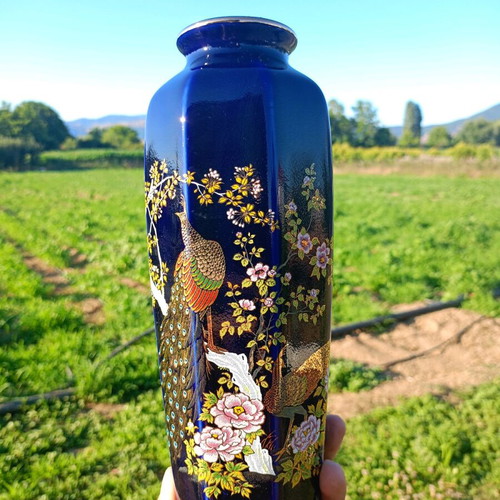 Asahi Japanese vase blue with peacock and flowers like new