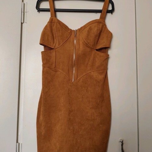 Bershka mini dress with cut-outs in tan faux suede, size XS like new