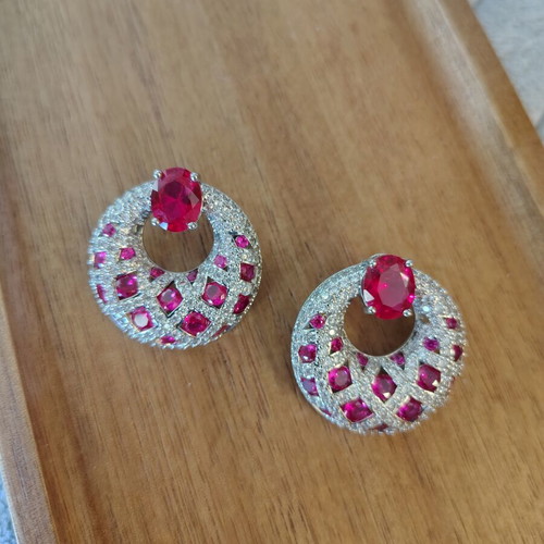 Earrings with zircon stones, silver plated, red and white
