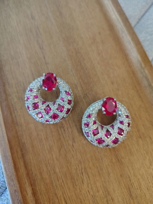 Earrings with zircon stones, silver plated, red and white